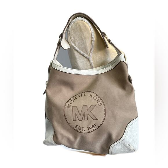 Excellent Michael Kors Millbrook Circa Twill MK Logo Leather Large Shoulder Bag